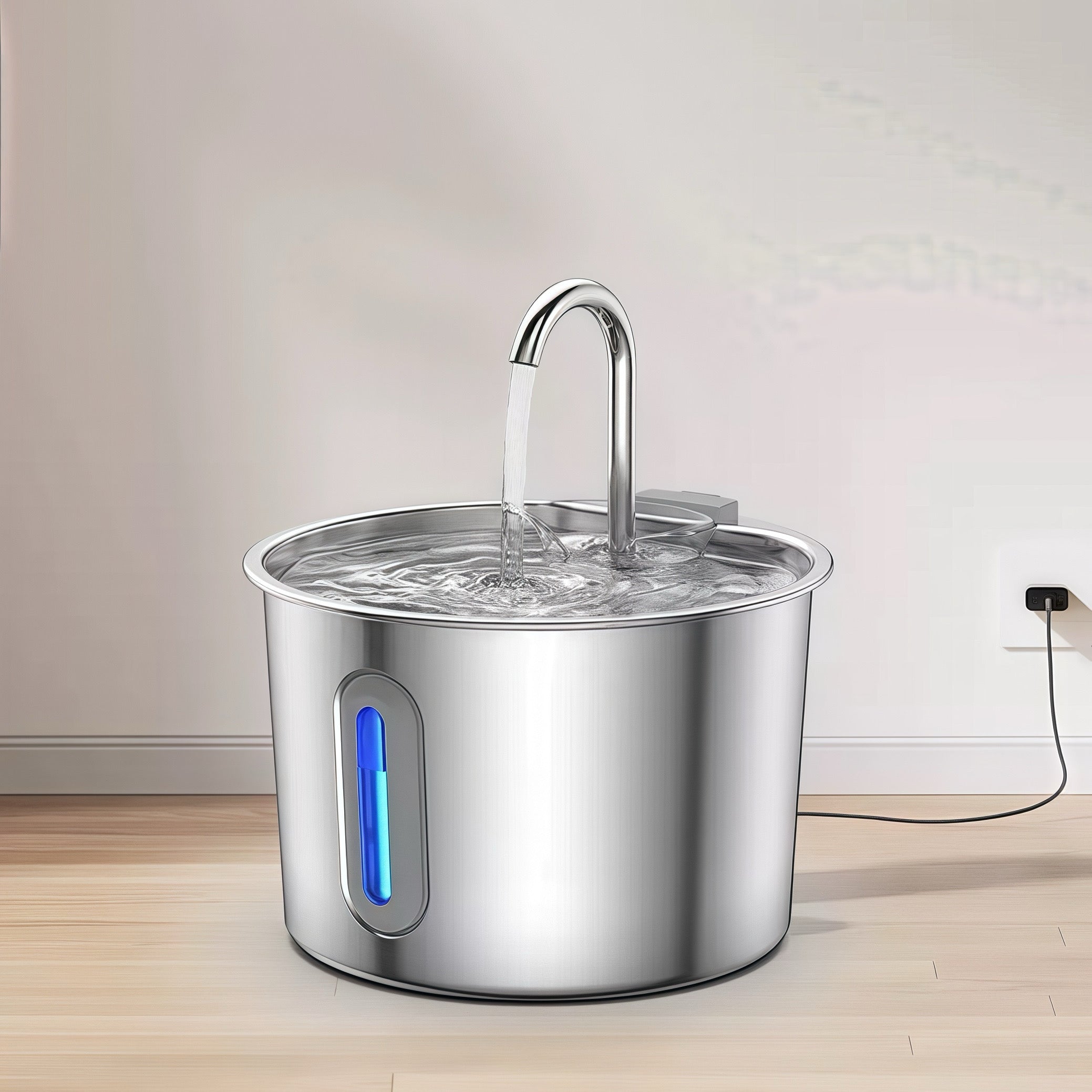 Automatic Stainless Steel Pet Fountain with LED Light Water & Water Level Window