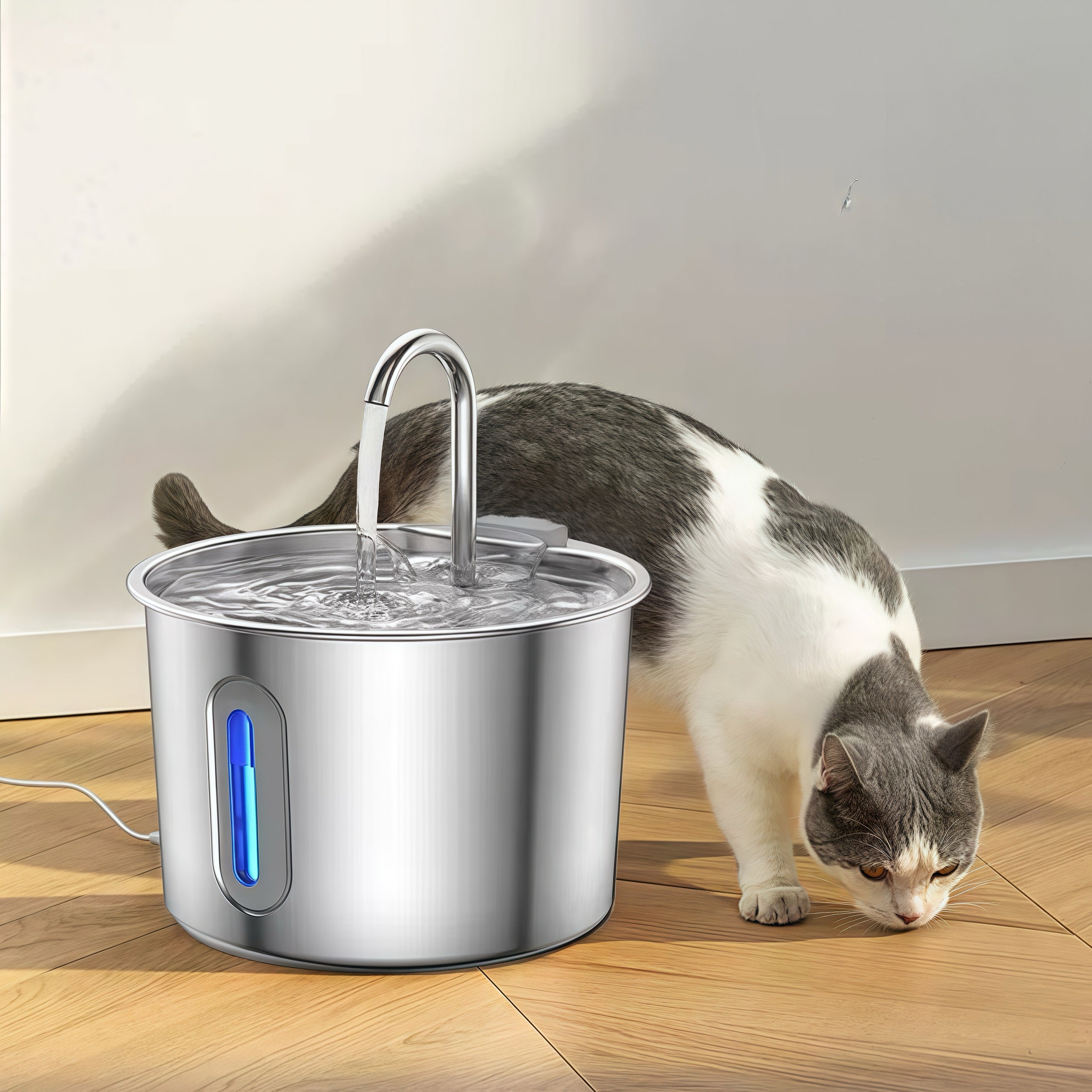 Automatic Stainless Steel Pet Fountain with LED Light Water & Water Level Window