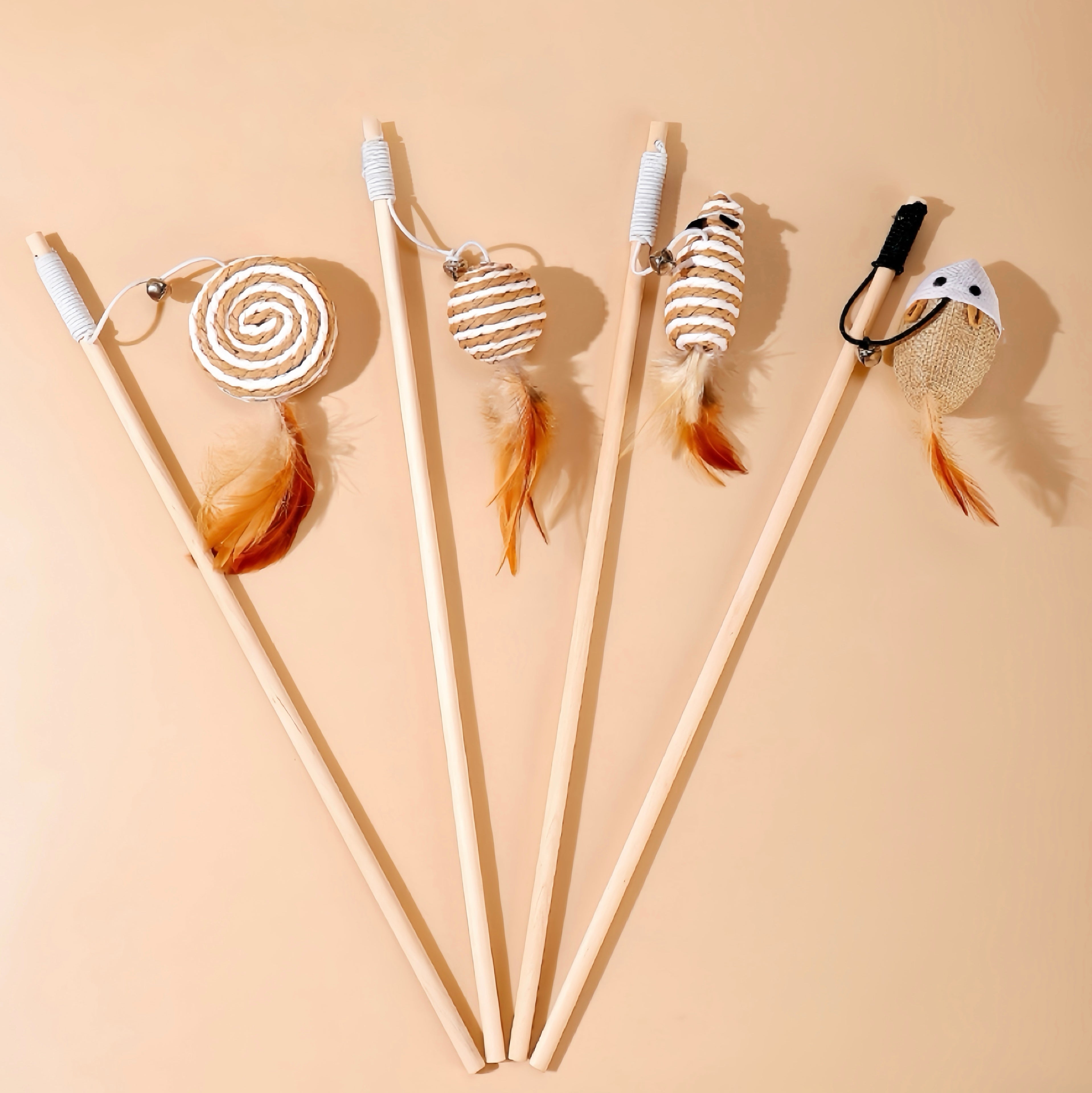 Interactive and cat wand with dangling feathers, bells and wand teaser perfect for entertainment and exercise.