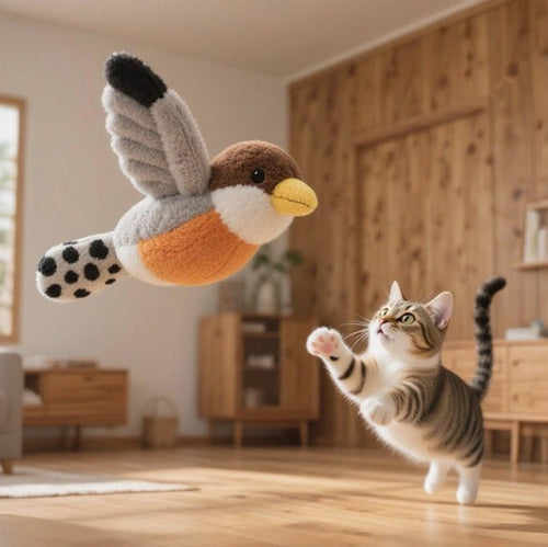 Cat playing with a bird-shaped toy in a living room